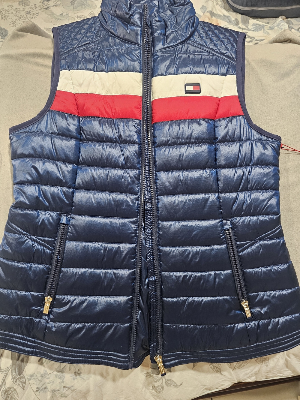 Tommy Hilfiger Navy Quilted Puffer Vest with Red & White Stripe